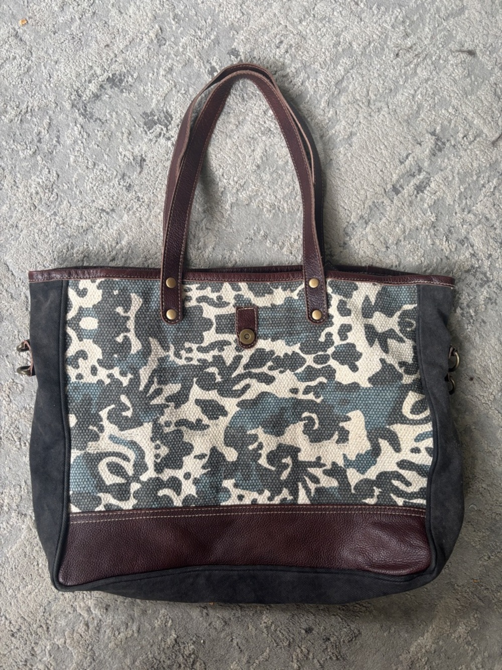 Myra Bag Brown, Cream & Blue Canvas Tote with Leather Trim